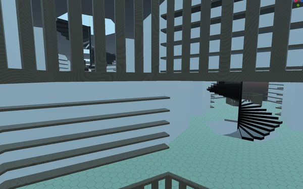 View of two floors of the library showing that the hallways on alternating levels go in different directions.