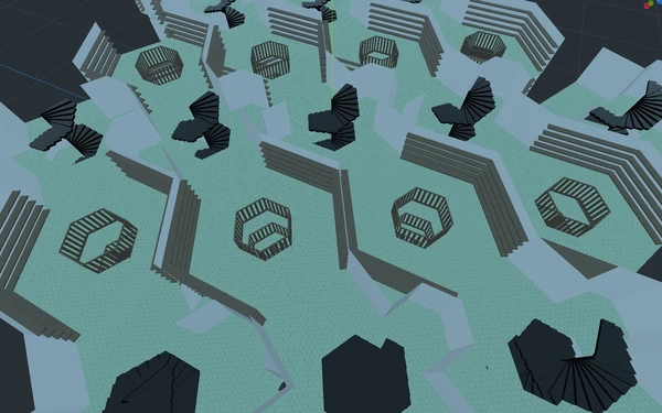 Top down view of the library rooms, with alternating rows of rooms with shelves and rooms with stairways.