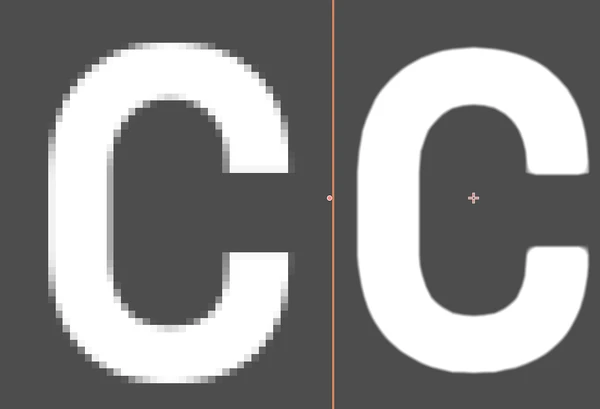 Comparison between a letter 'C' rendered using a sprite font and an SDF font